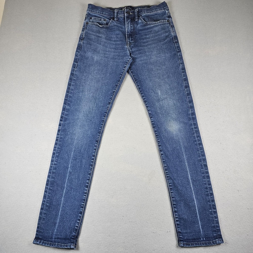 GAP Slim Taper Jeans 30x32 Mens Blue Denim Stretch All Temp Distressed Creased